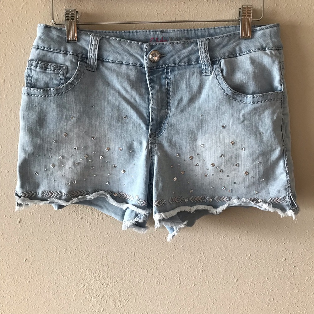 Girls’ light wash embellished studded denim shorts
